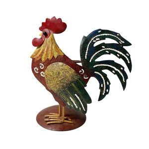 Rooster Candle Holder Metal Figure Decor 6.5” Tall Reddish Brown Yellow Green